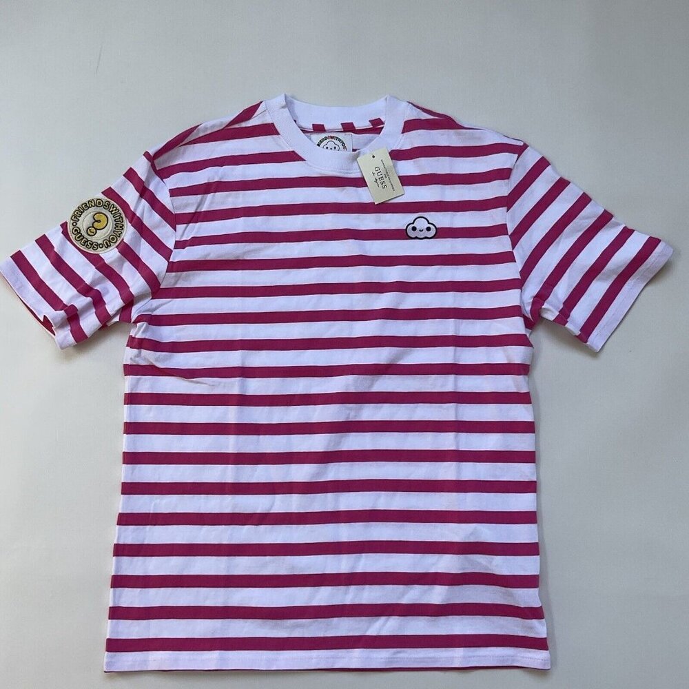 Guess Men’s FriendsWithYou Stripes T-Shirt Sort Sleeves Pink/White Size S
